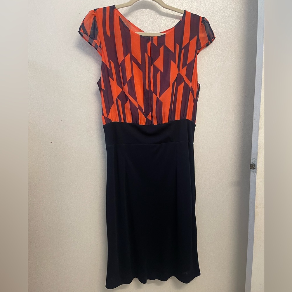 MNG by Mango Geometric Navy/Coral Cap sleeve Key hole Front Sheath Dress